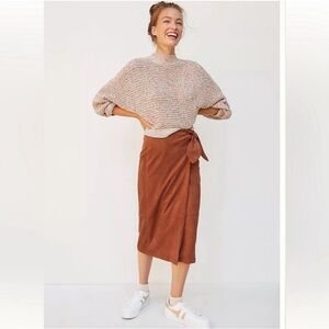 Anthropologie tie wrap skirt brown faux suede XS